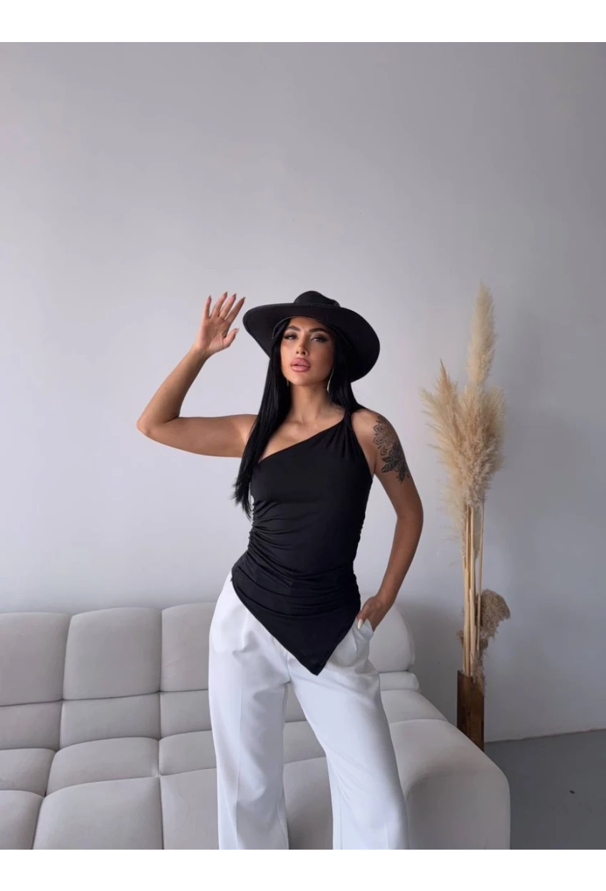 Kadın Omuz Detay Tasarım Bluz Siyah