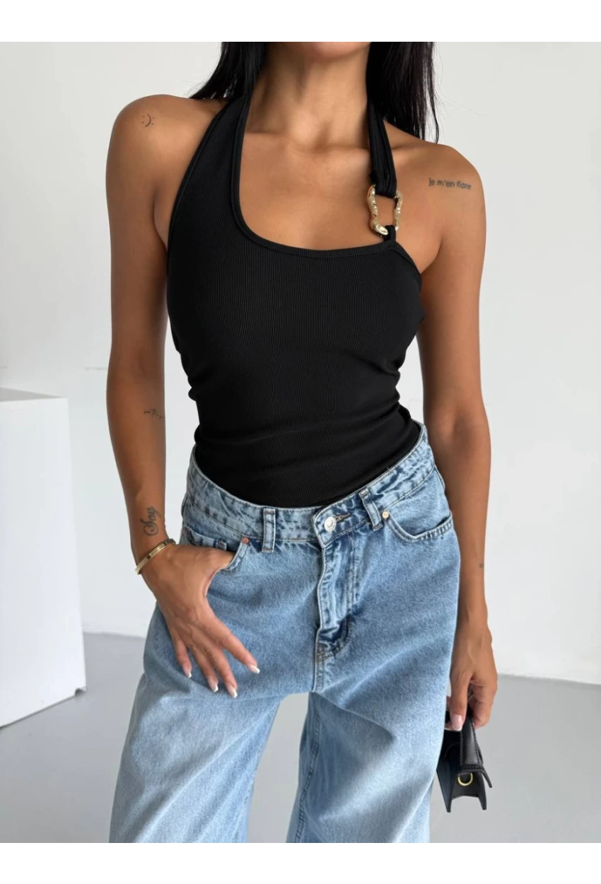 Kadın Omuz Toka Detay Bluz Siyah