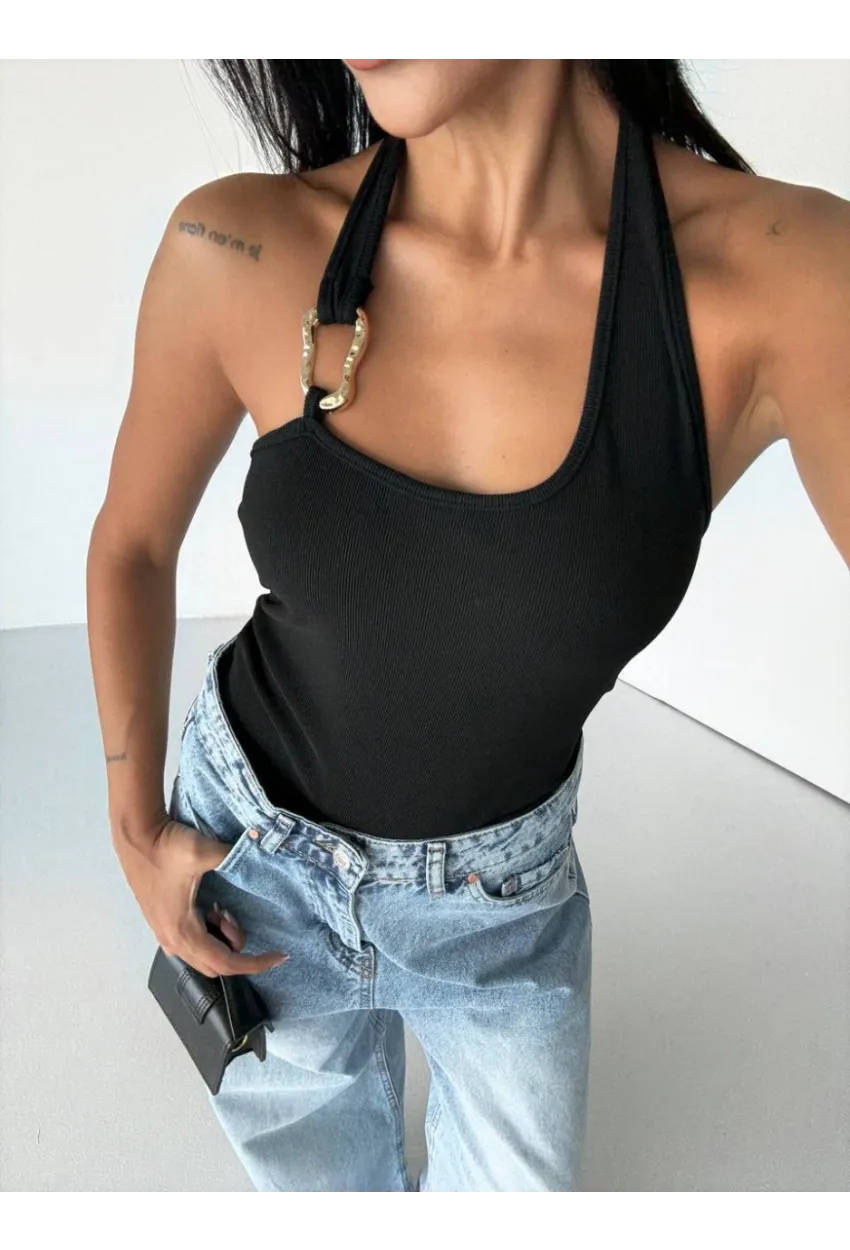 Kadın Omuz Toka Detay Bluz Siyah