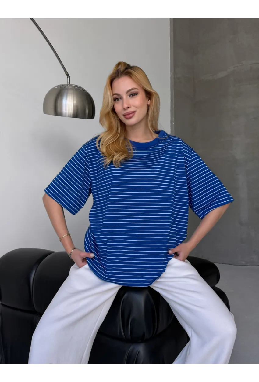 Kadın Oversize Çizgili Tişört Lacivert