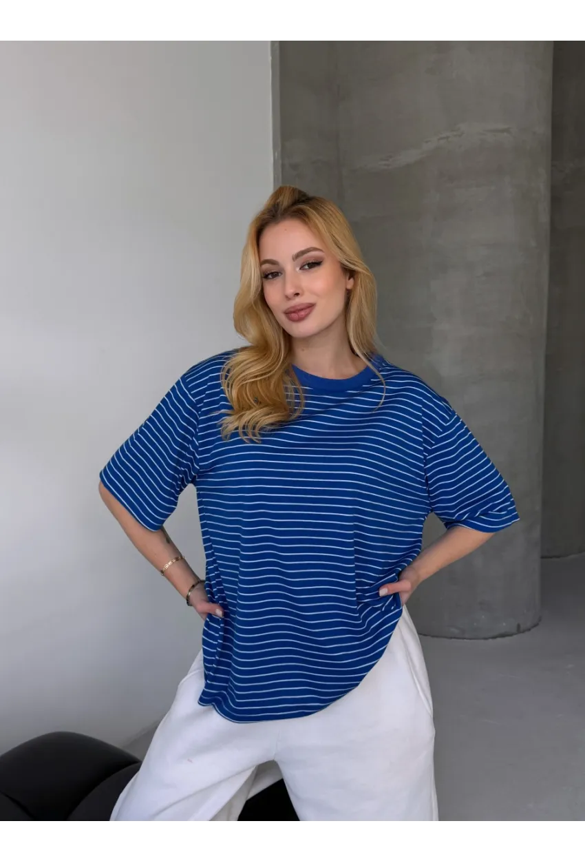 Kadın Oversize Çizgili Tişört Lacivert