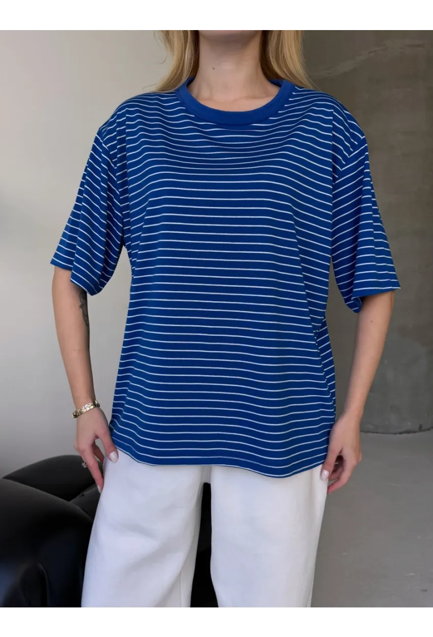 Kadın Oversize Çizgili Tişört Lacivert
