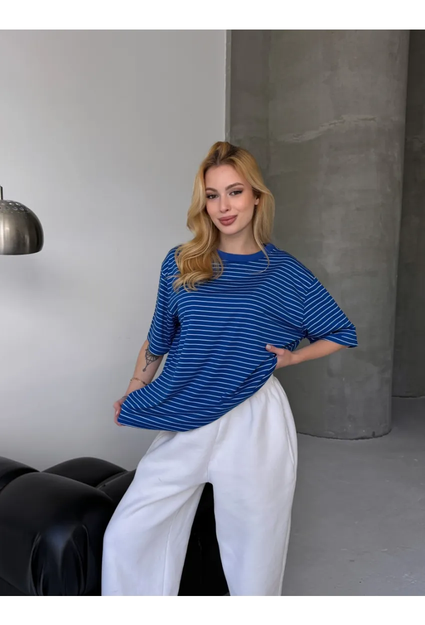Kadın Oversize Çizgili Tişört Lacivert