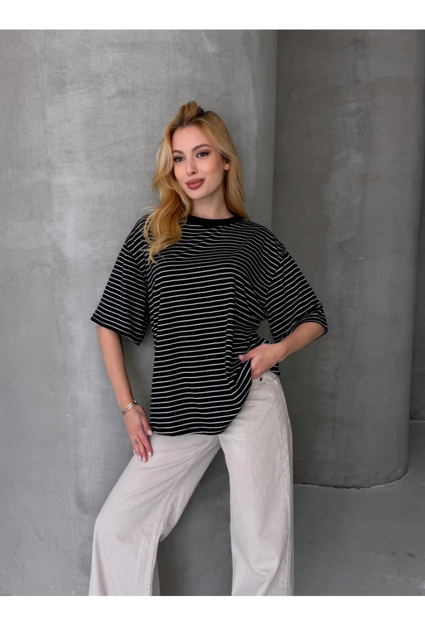 Kadın Oversize Çizgili Tişört Siyah