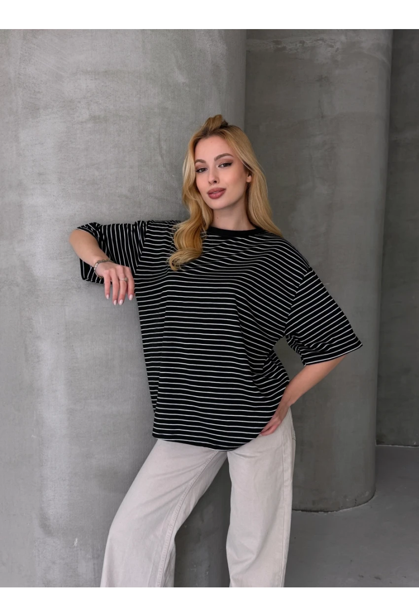 Kadın Oversize Çizgili Tişört Siyah