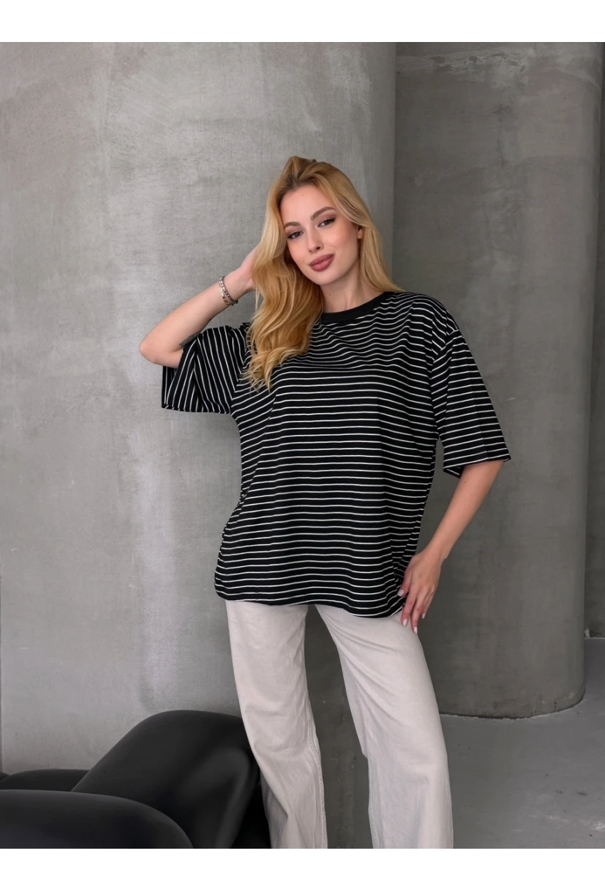 Kadın Oversize Çizgili Tişört Siyah