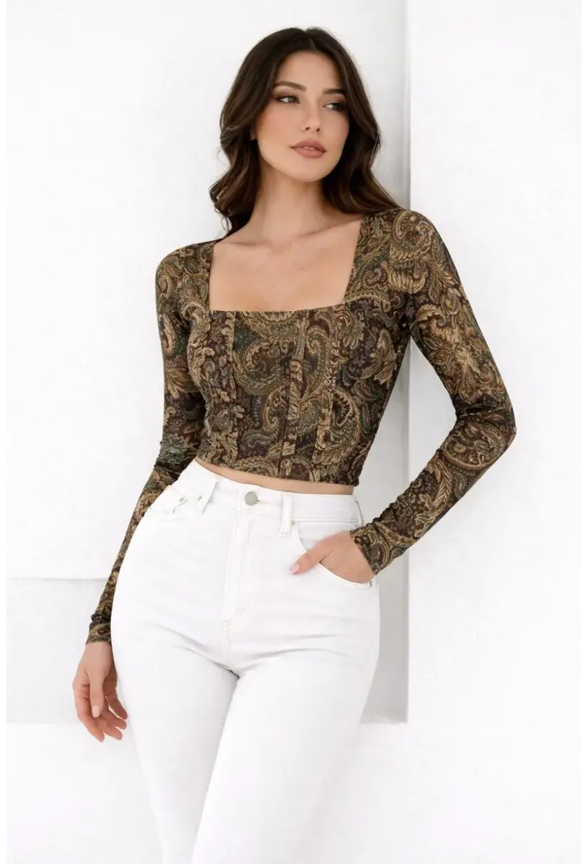 Kadın Paisley Desenli Kare Yaka Bluz