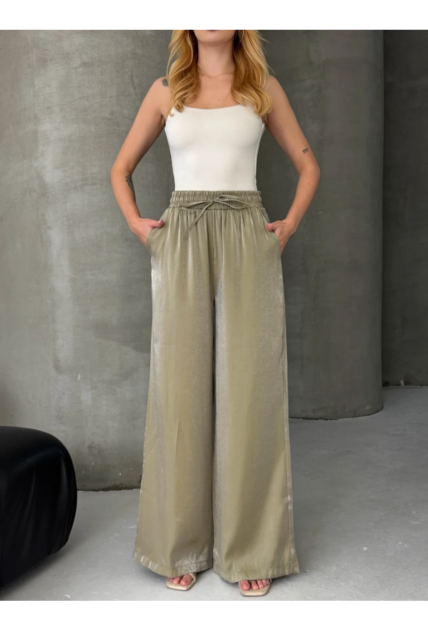 Kadın Parlak Saten Bol Paça Pantolon