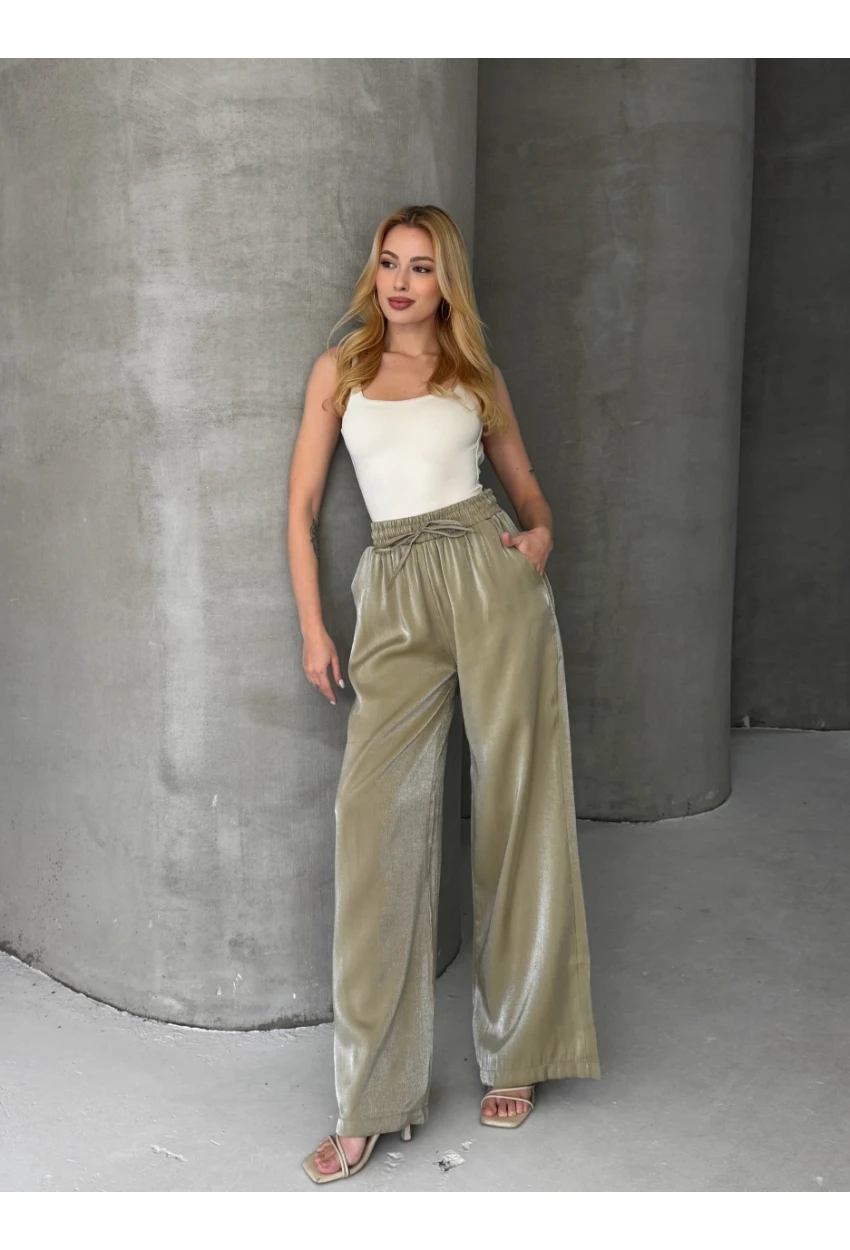 Kadın Parlak Saten Bol Paça Pantolon