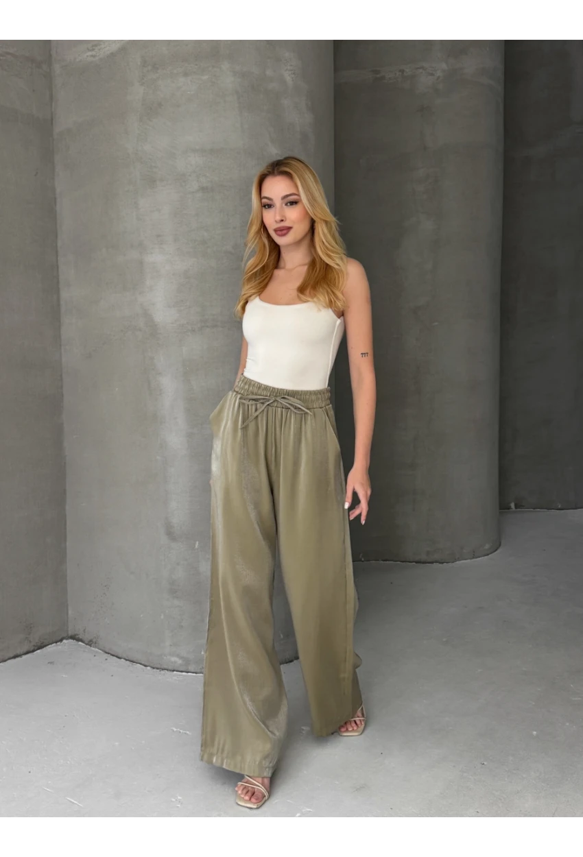 Kadın Parlak Saten Bol Paça Pantolon