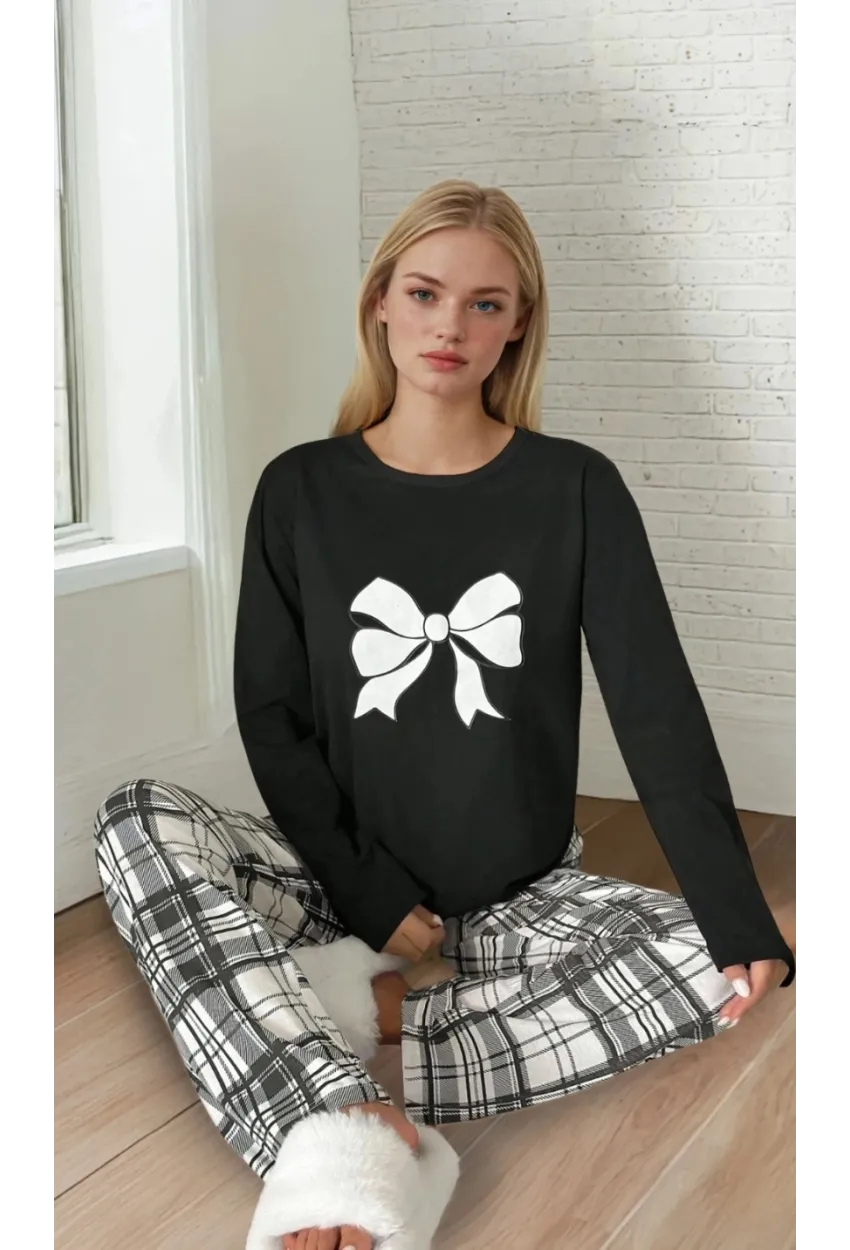 Kadın Ekose Fiyonk Baskılı Pijama Takım