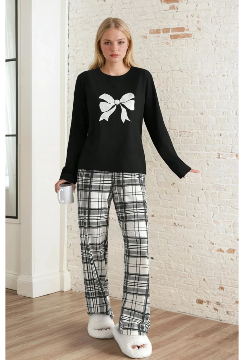 Kadın Ekose Fiyonk Baskılı Pijama Takım