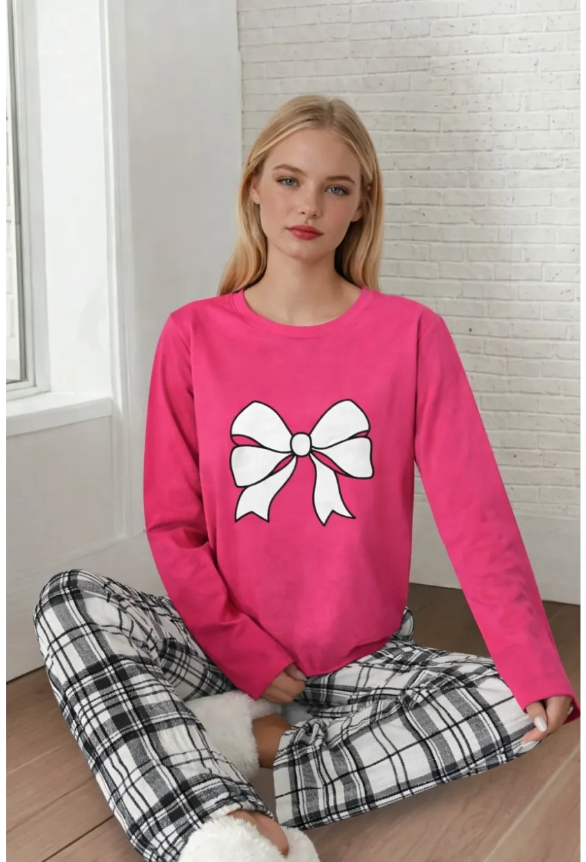 Kadın Ekose Fiyonk Baskılı Pijama Takım