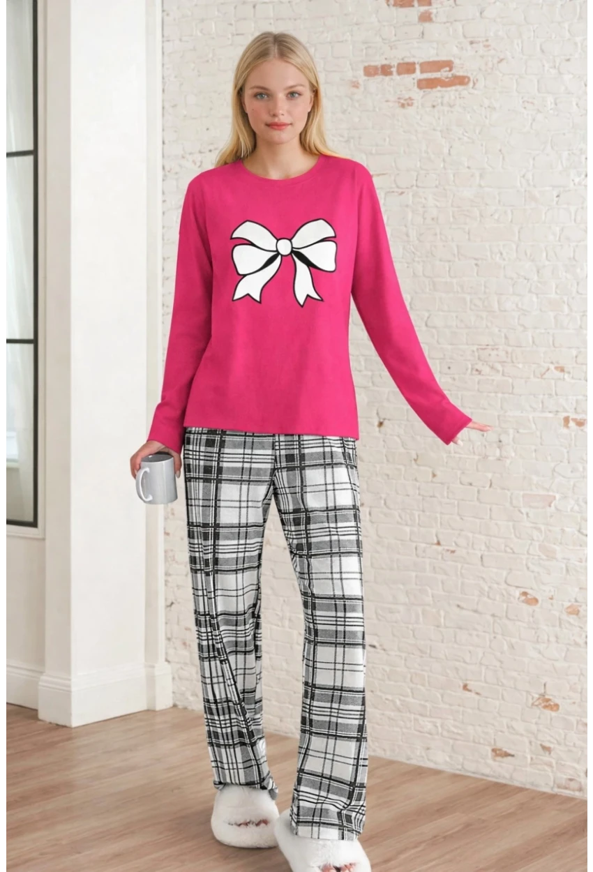 Kadın Ekose Fiyonk Baskılı Pijama Takım