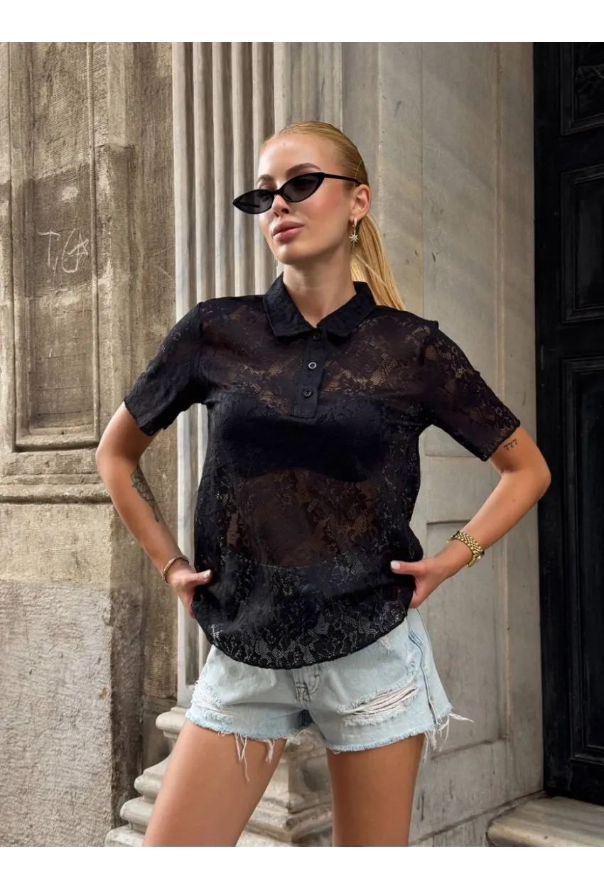 Kadın Polo Yaka Dantel Gömlek