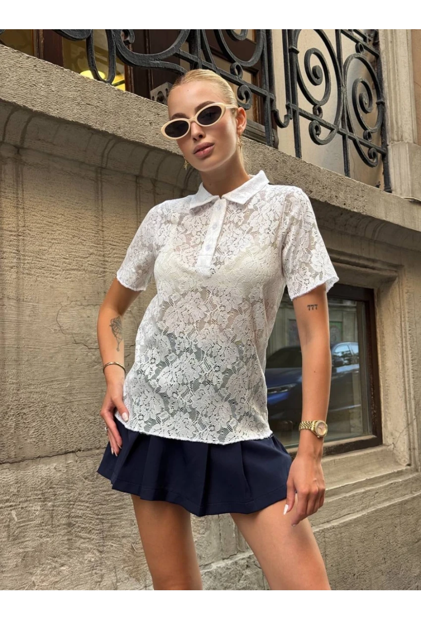 Kadın Polo Yaka Dantel Gömlek
