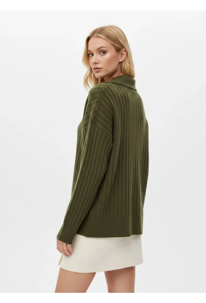 Kadın Polo Yaka Fitilli Triko Kazak Haki