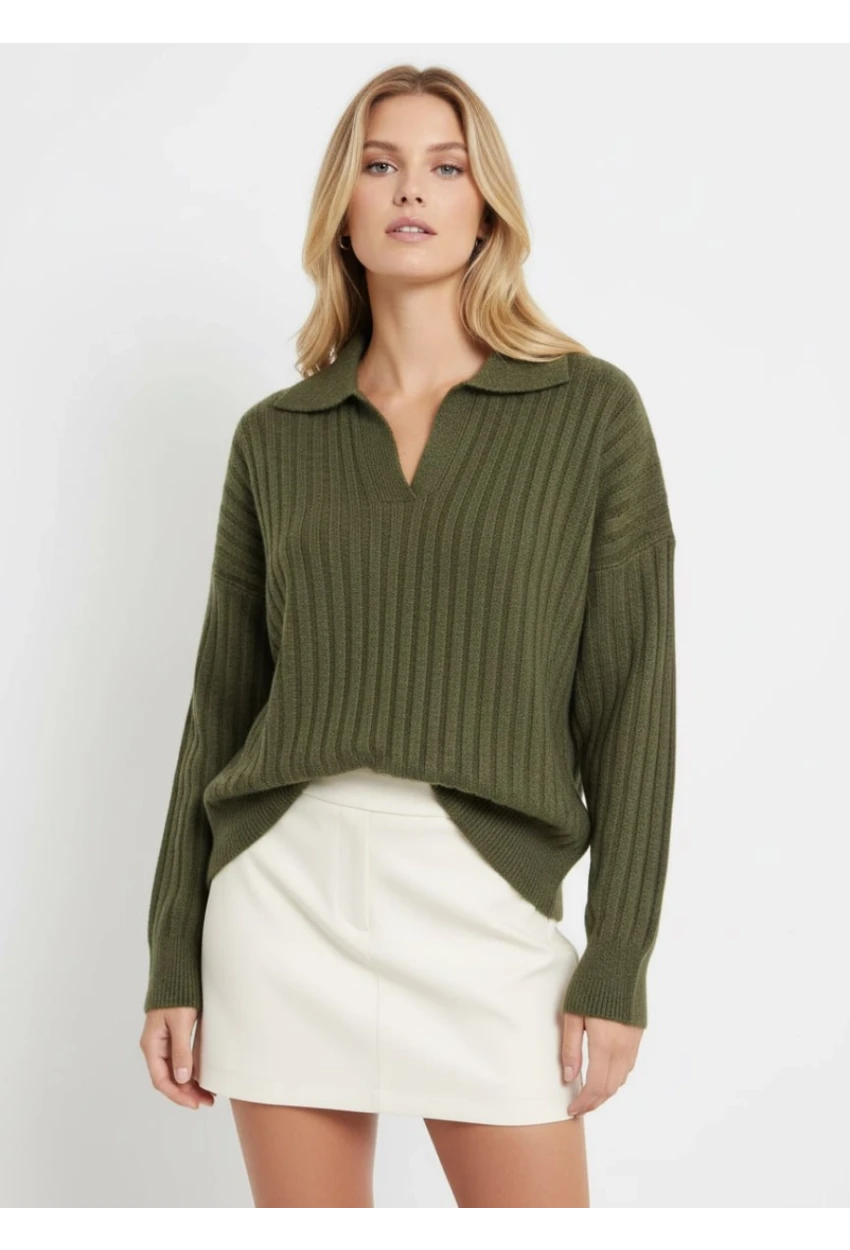 Kadın Polo Yaka Fitilli Triko Kazak Haki