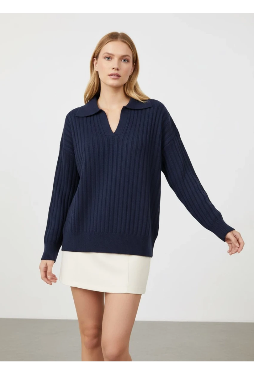Kadın Polo Yaka Fitilli Triko Kazak Lacivert