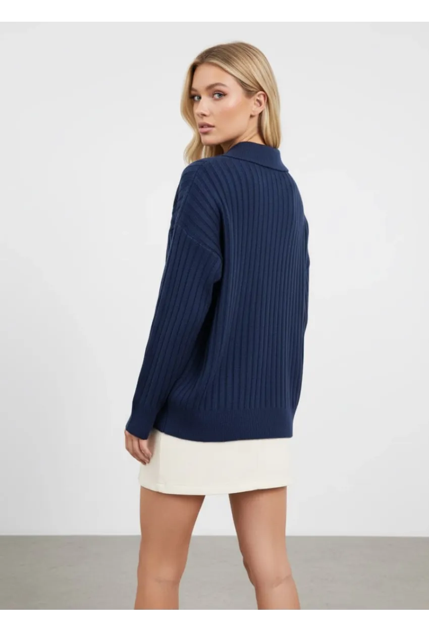 Kadın Polo Yaka Fitilli Triko Kazak Lacivert