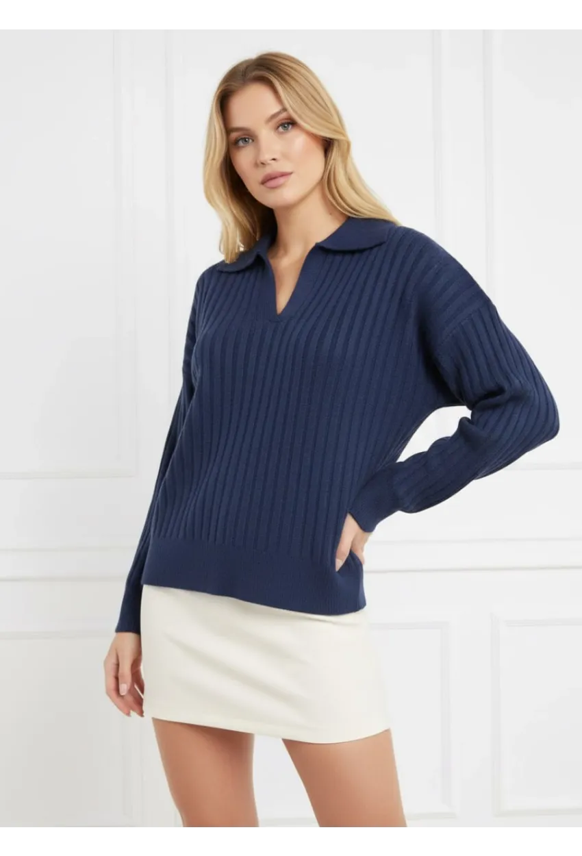 Kadın Polo Yaka Fitilli Triko Kazak Lacivert