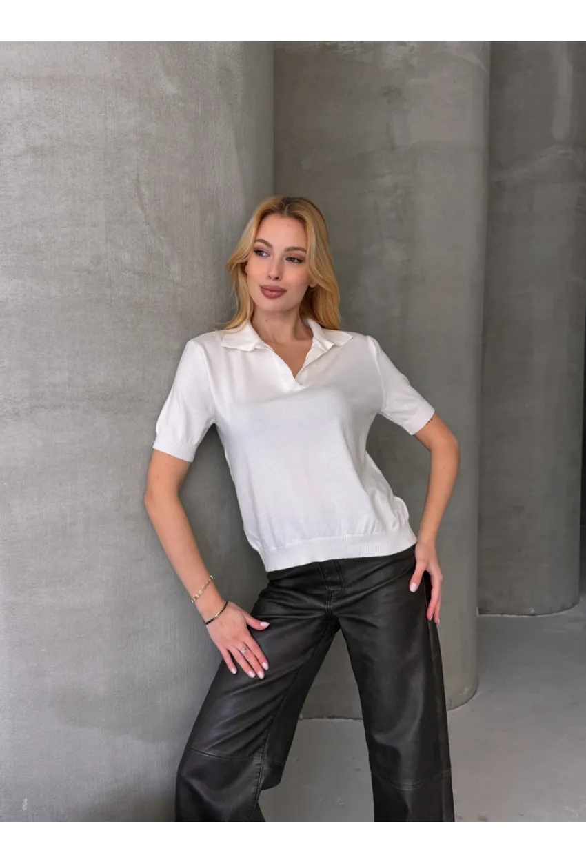 Kadın Polo Yaka Kısa Kollu Triko Bluz