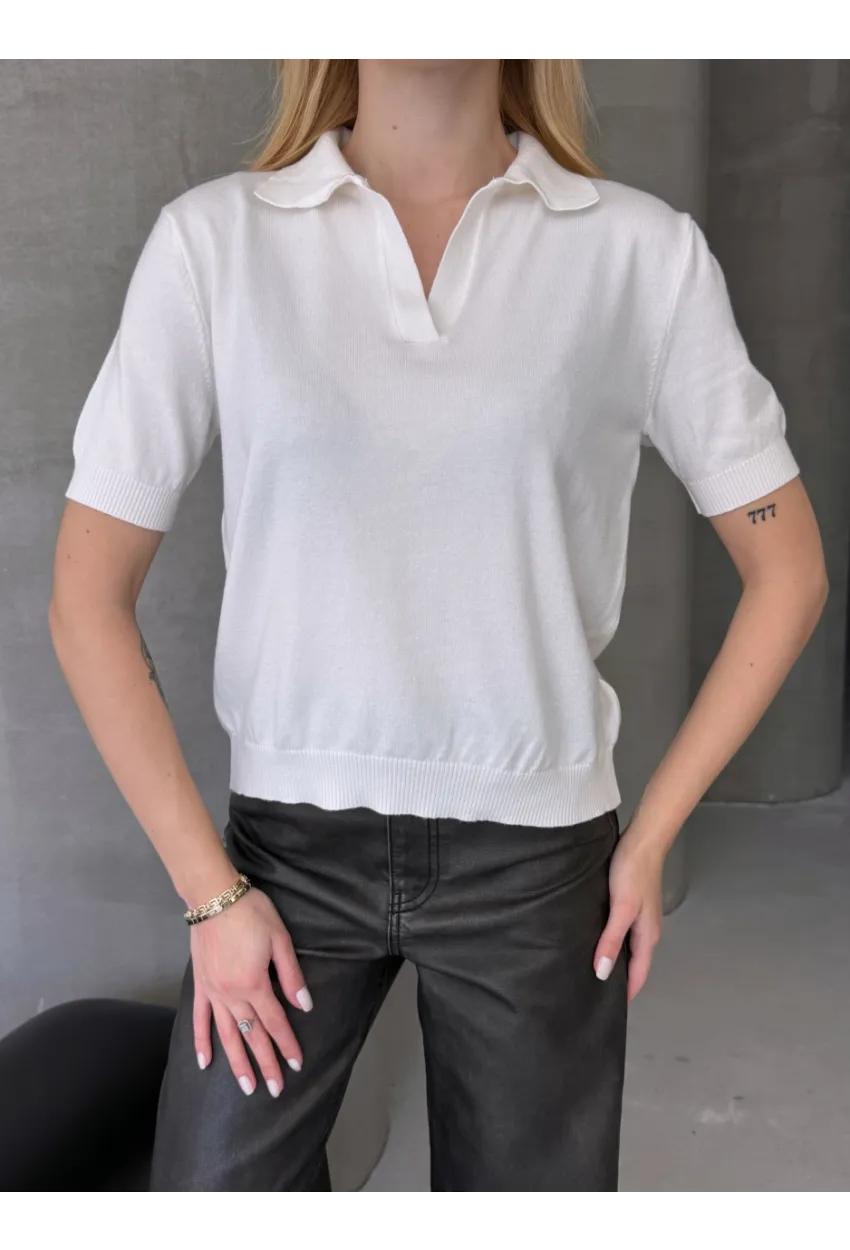 Kadın Polo Yaka Kısa Kollu Triko Bluz
