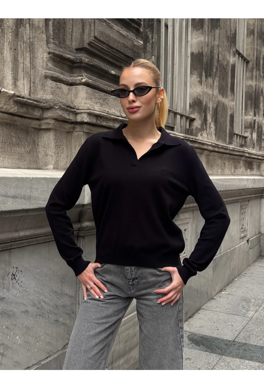 Kadın Polo Yaka Kısa Kollu Triko Bluz