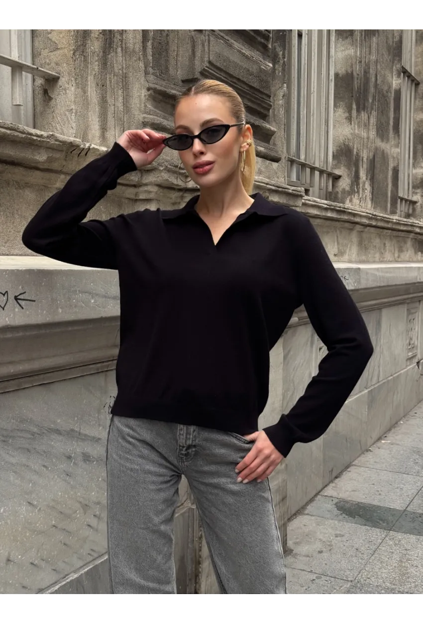 Kadın Polo Yaka Kısa Kollu Triko Bluz