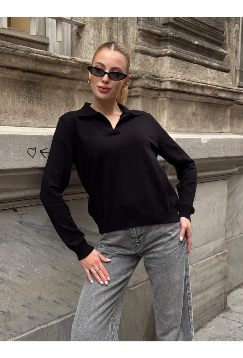 Kadın Polo Yaka Kısa Kollu Triko Bluz