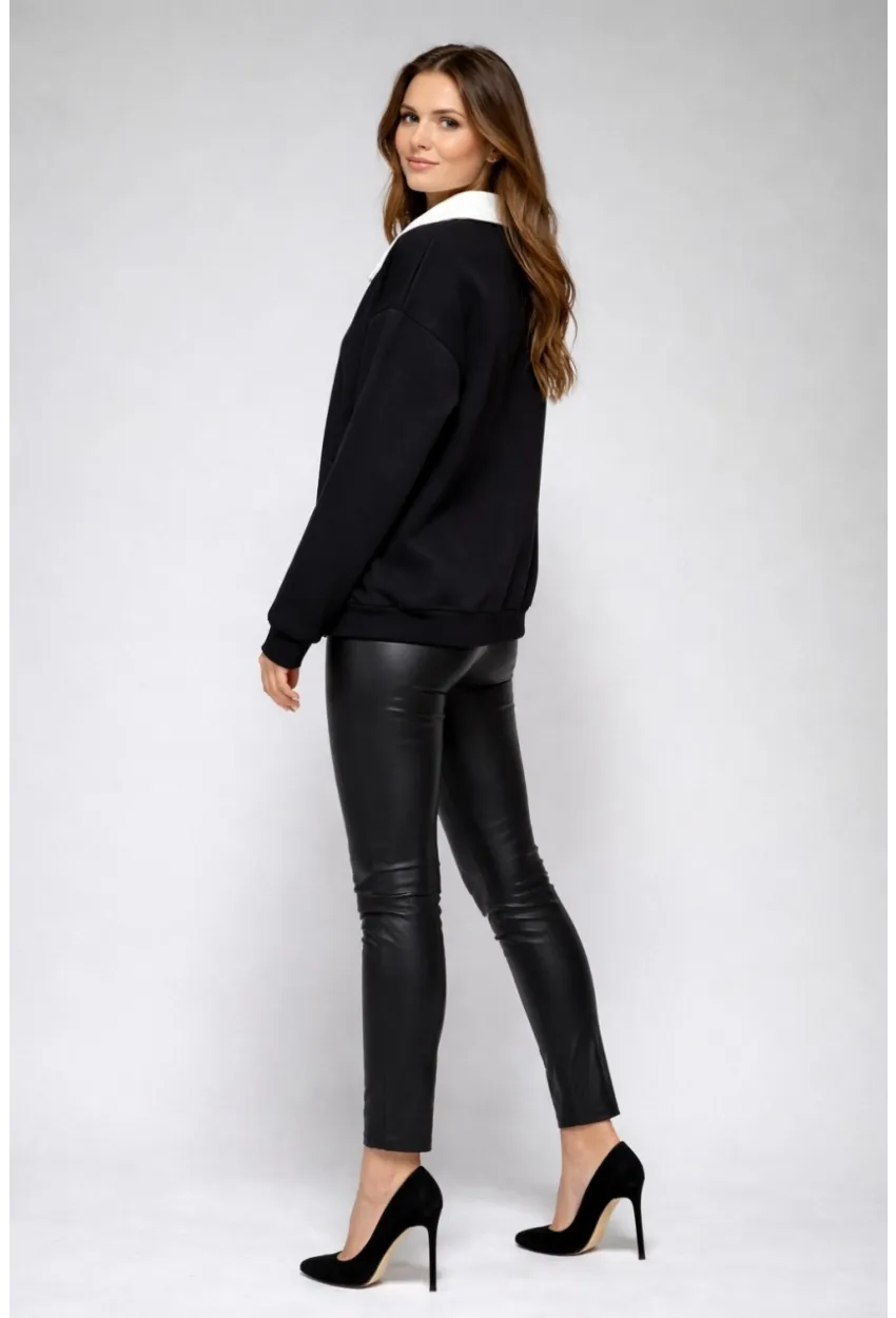 Kadın Polo Yaka Siyah Sweatshirt