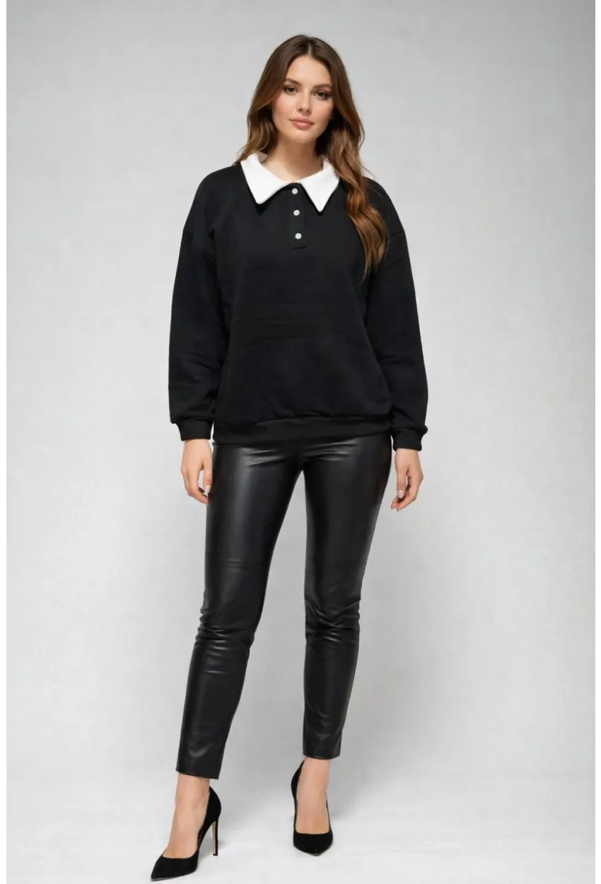 Kadın Polo Yaka Siyah Sweatshirt