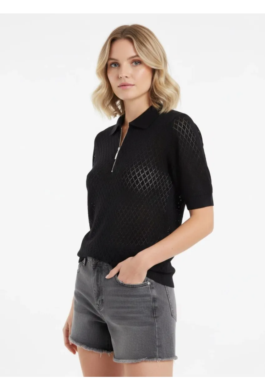 Kadın Polo Yaka Yarım Pat Fermuar Ajurlu Triko Bluz