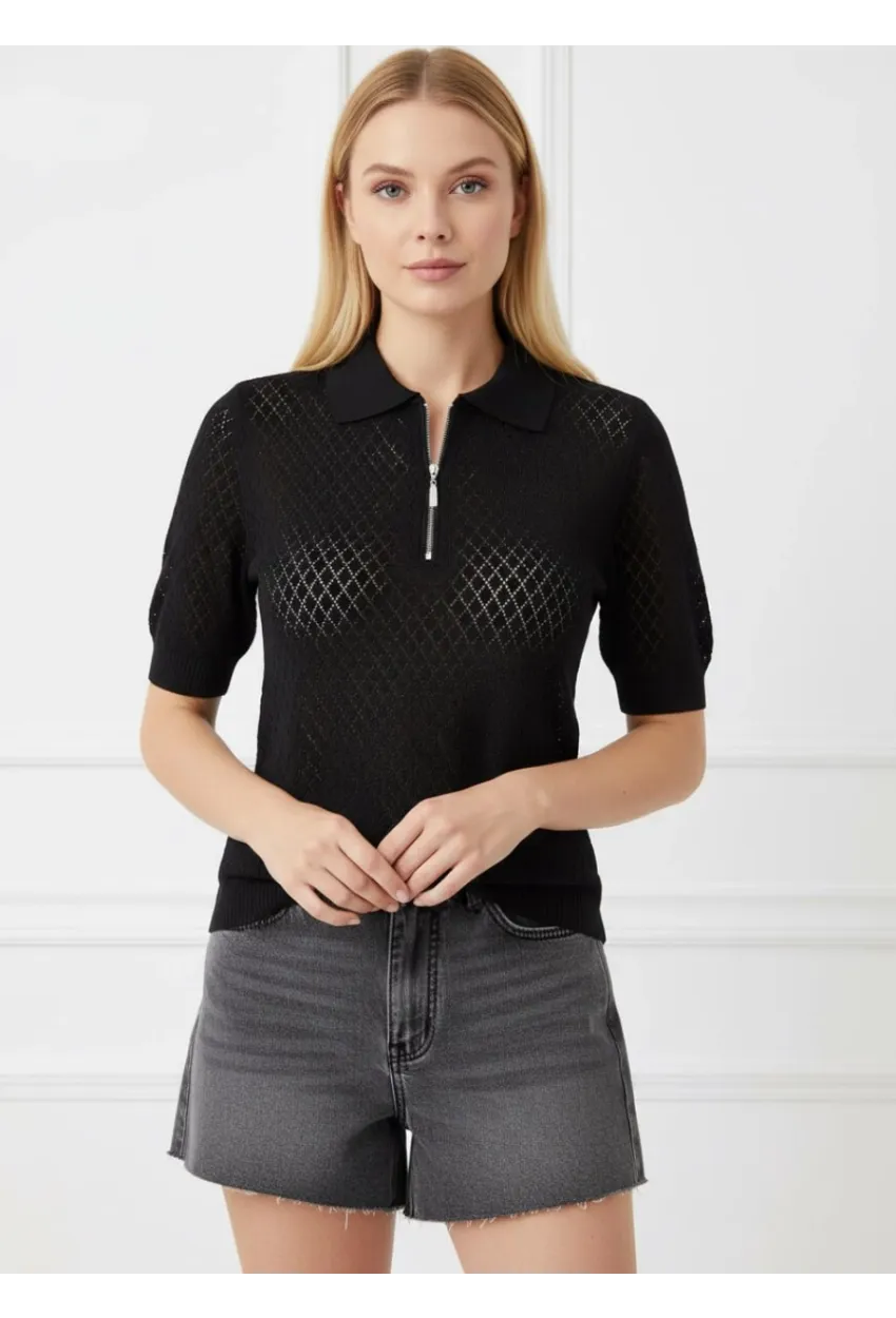 Kadın Polo Yaka Yarım Pat Fermuar Ajurlu Triko Bluz