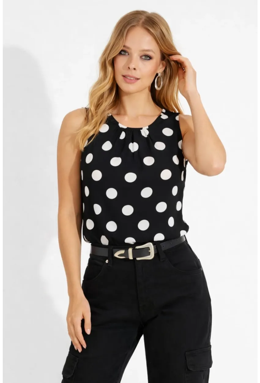 Kadın Puantiye Desen Atlas Kumaş Kolsuz Bluz