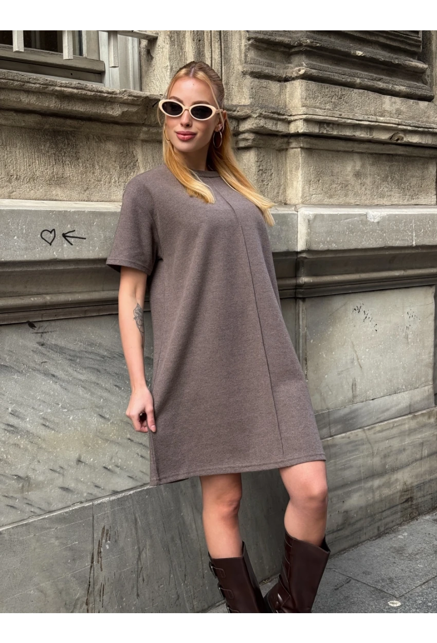 Kadın Rahat Kesim Soft Kısa Elbise Kahve
