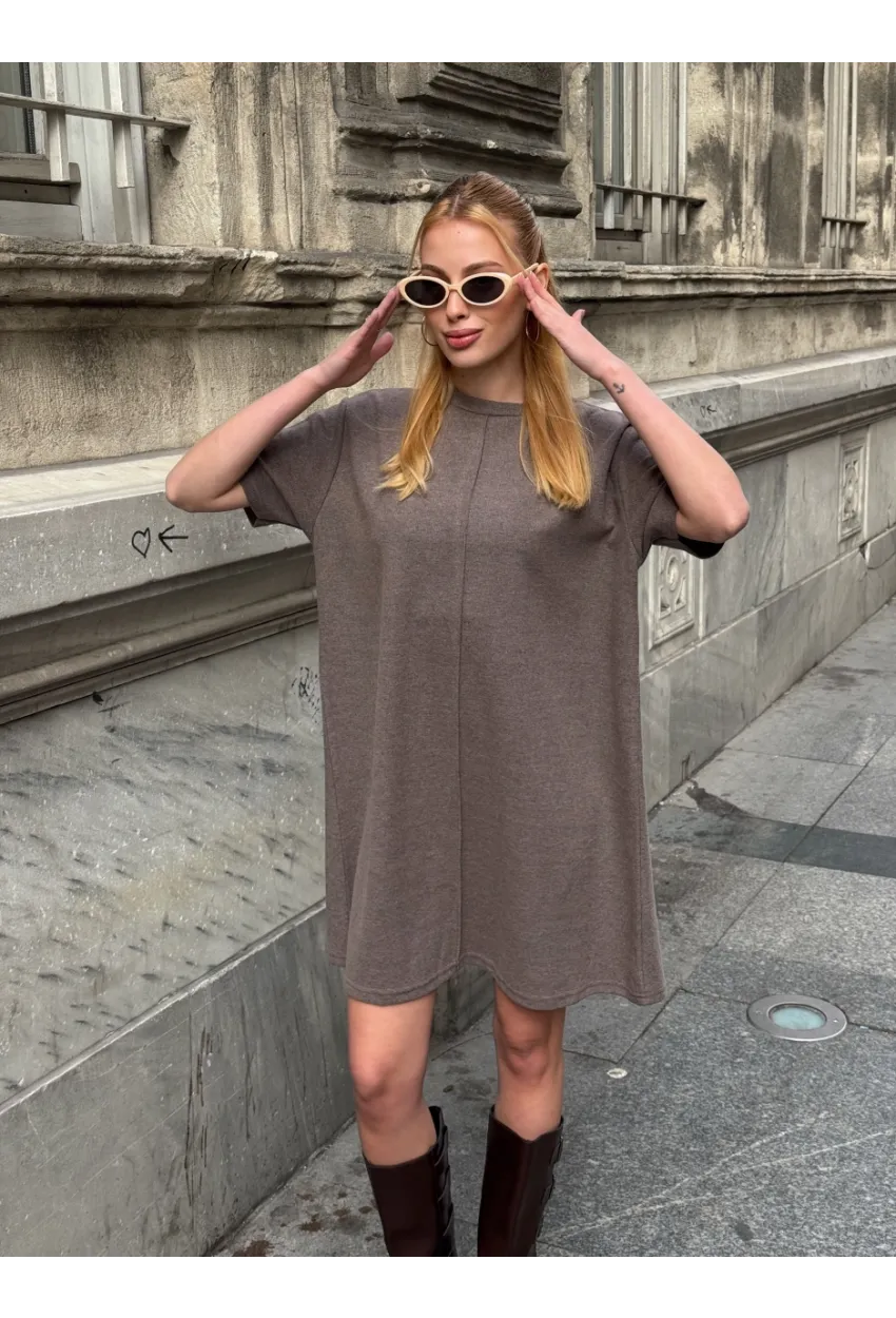 Kadın Rahat Kesim Soft Kısa Elbise Kahve