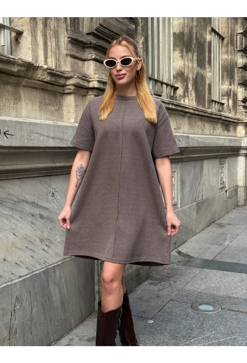 Kadın Rahat Kesim Soft Kısa Elbise Kahve
