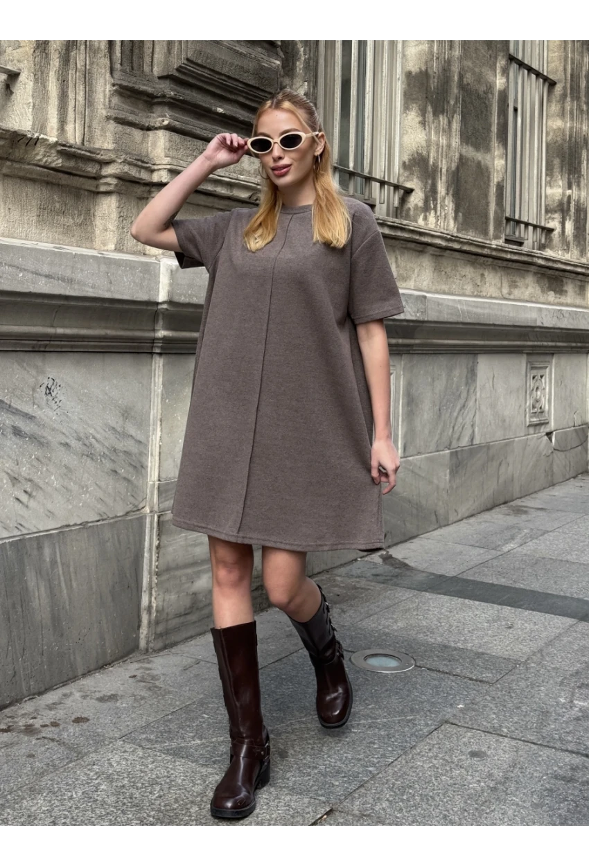 Kadın Rahat Kesim Soft Kısa Elbise Kahve