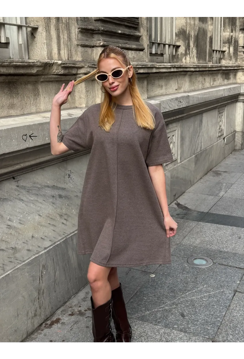 Kadın Rahat Kesim Soft Kısa Elbise Kahve