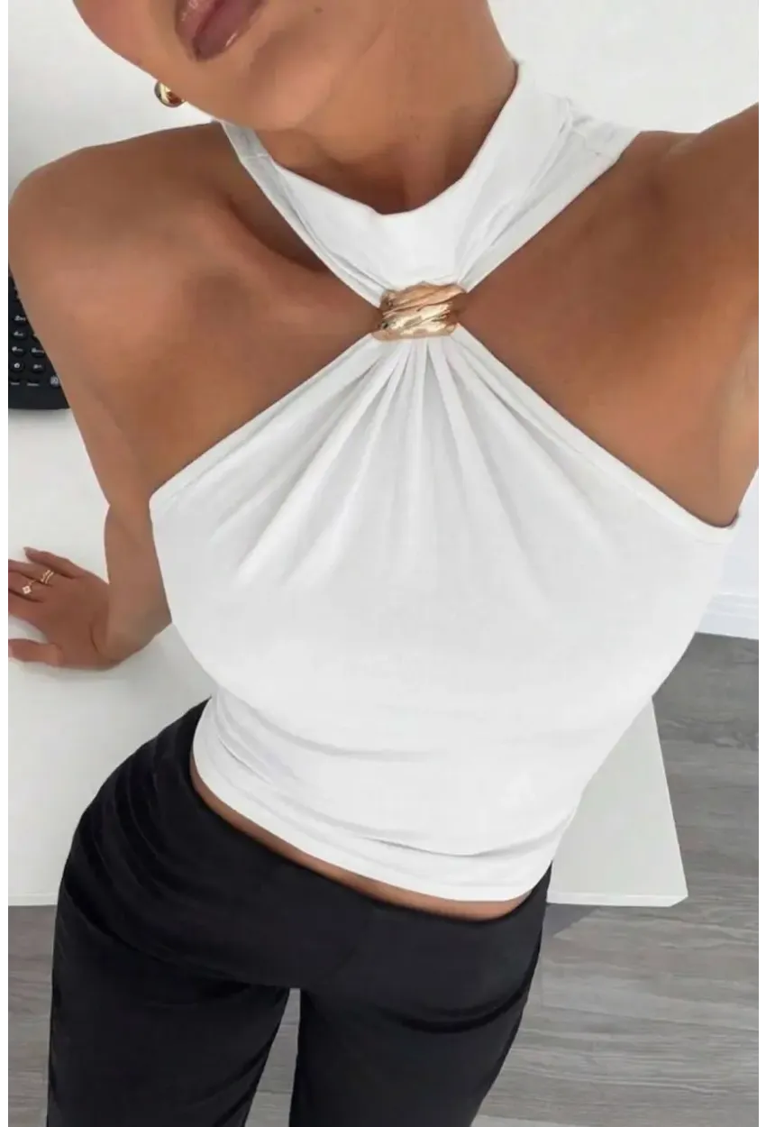 Kadın Sandy Kumaş Yaka Detay Bluz Beyaz