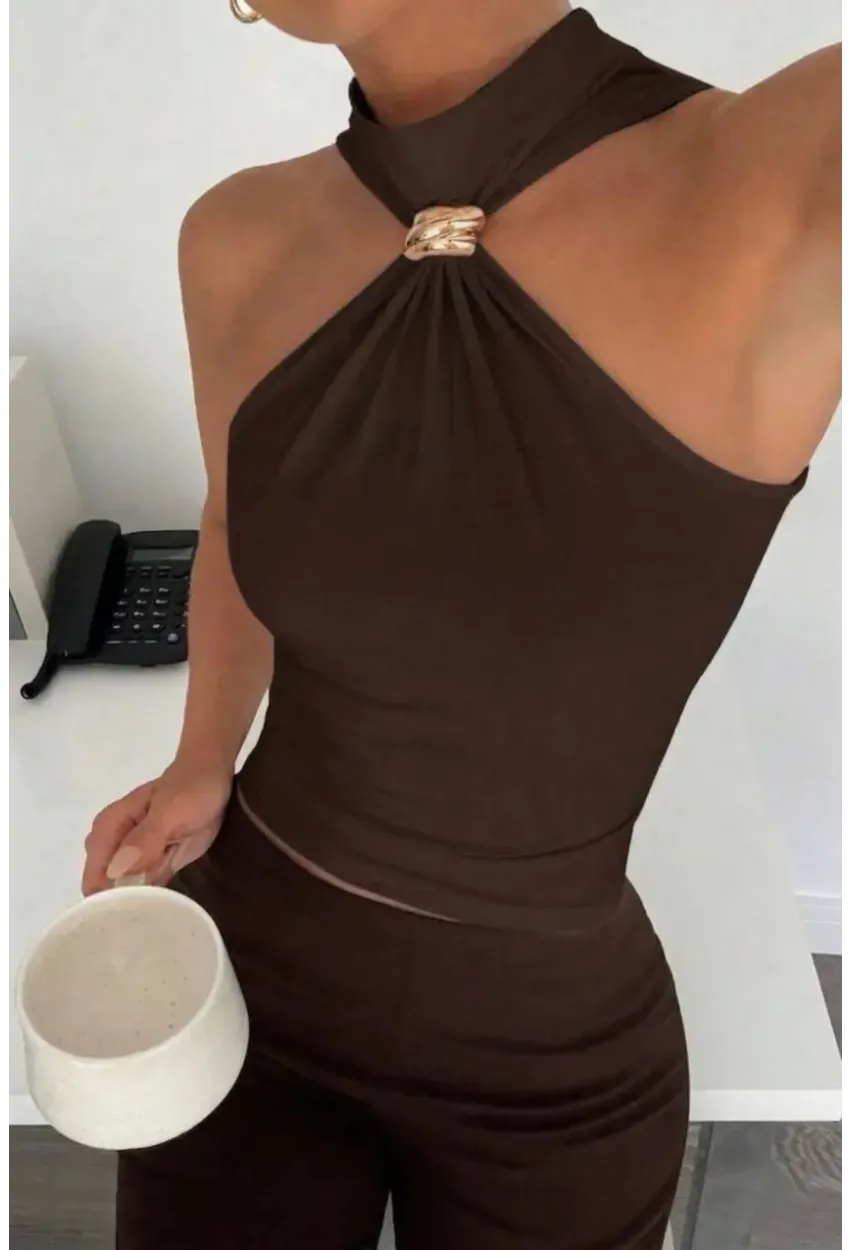 Kadın Sandy Kumaş Yaka Detay Bluz Kahve