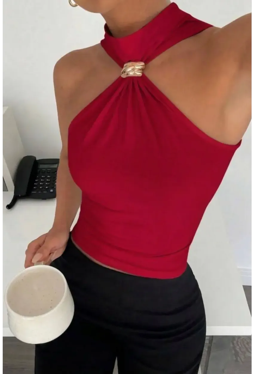 Kadın Sandy Kumaş Yaka Detay Bluz Kırmızı