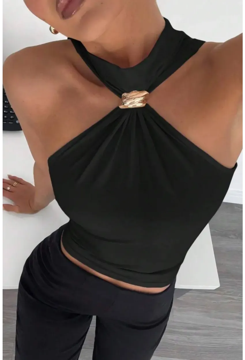 Kadın Sandy Kumaş Yaka Detay Bluz Siyah