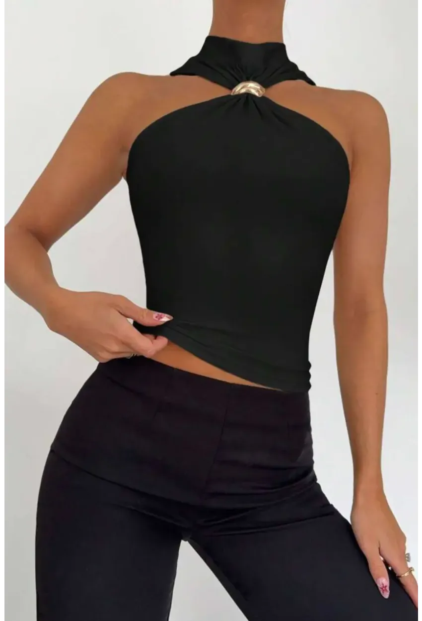 Kadın Sandy Kumaş Yaka Detay Bluz Siyah