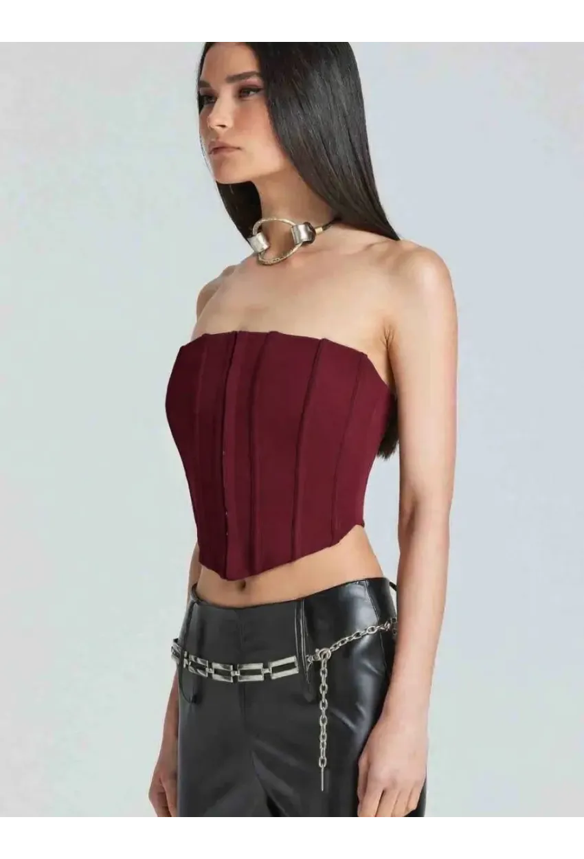 Kadın Şık Korse Crop Top - Straplez Düğmeli Büstiyer Bordo