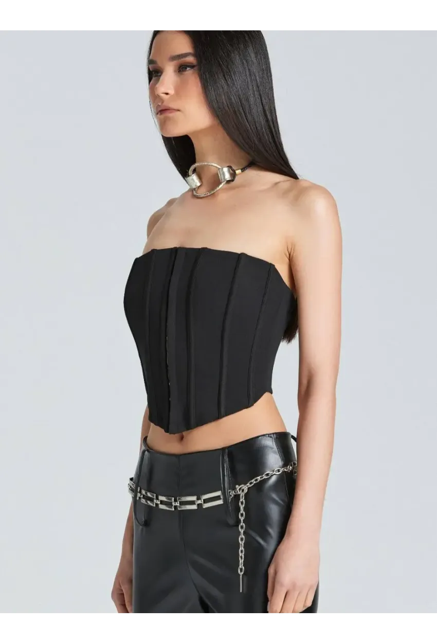 Kadın Şık Korse Crop Top - Straplez Düğmeli Büstiyer Siyah