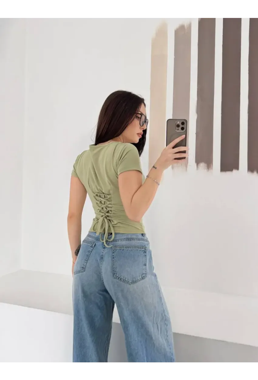 Kadın Sırt Bağcık Detay Bluz Yeşil