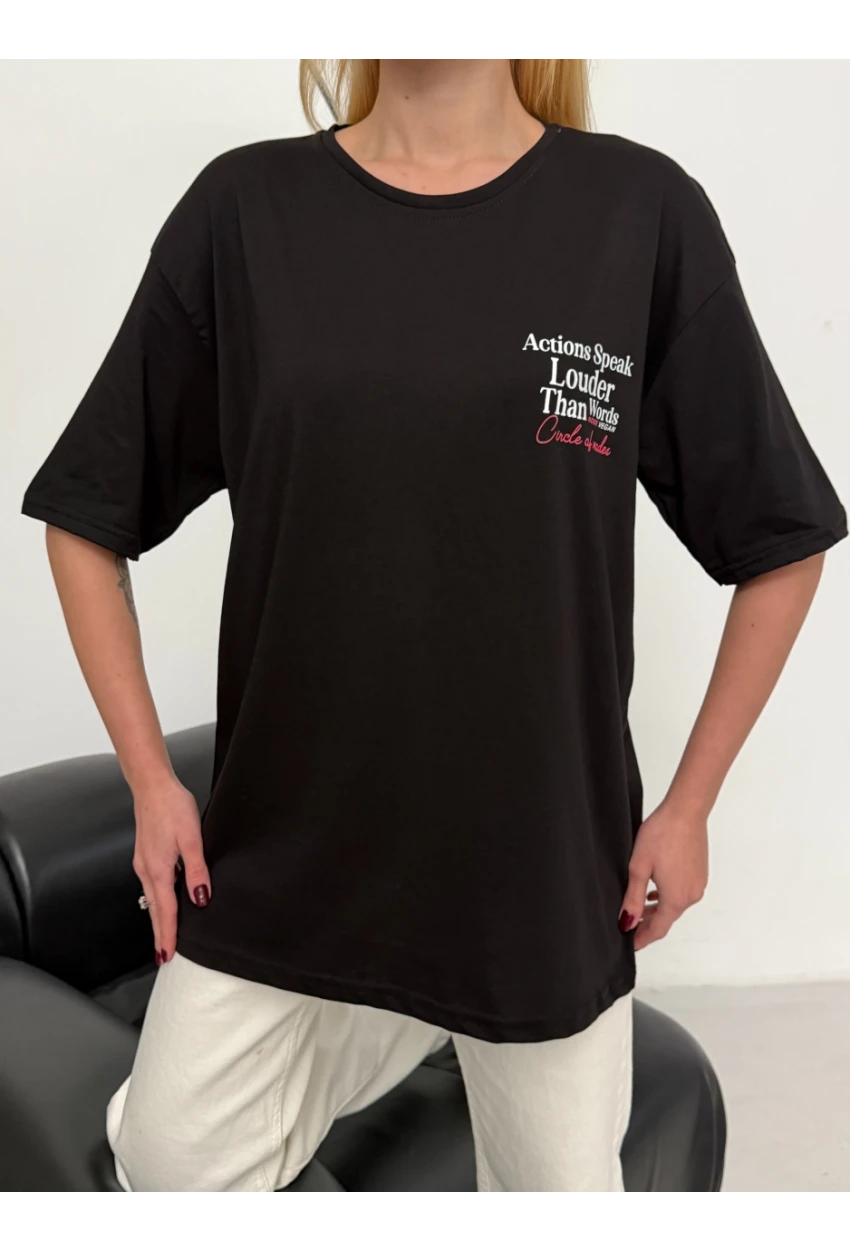 Kadın Sırt Baskılı Oversize Siyah T-Shirt