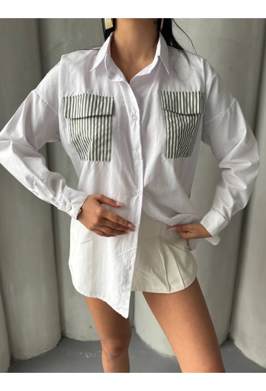 Kadın Sırt ve Cebi Çizgili Bloklu Uzun Kollu Gömlek